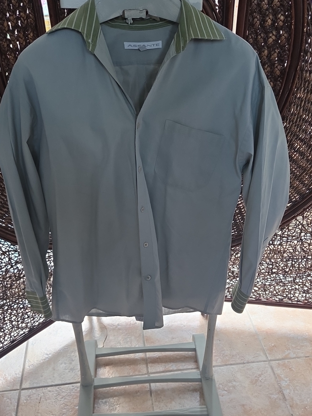 Assante Men's Sage Green Dress Shirt with Striped Collar